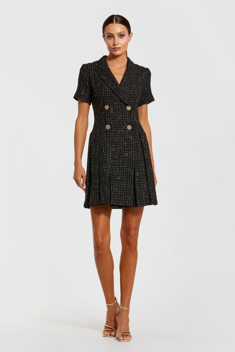 81200-Black Short Sleeve V Neck Tweed Blazer Mini Dress by Mac Duggal in black color for women Worldwide