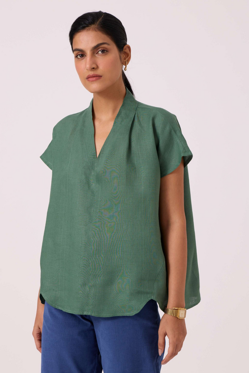 Orion Green Linen Top by The Summer House in green color for women Worldwide