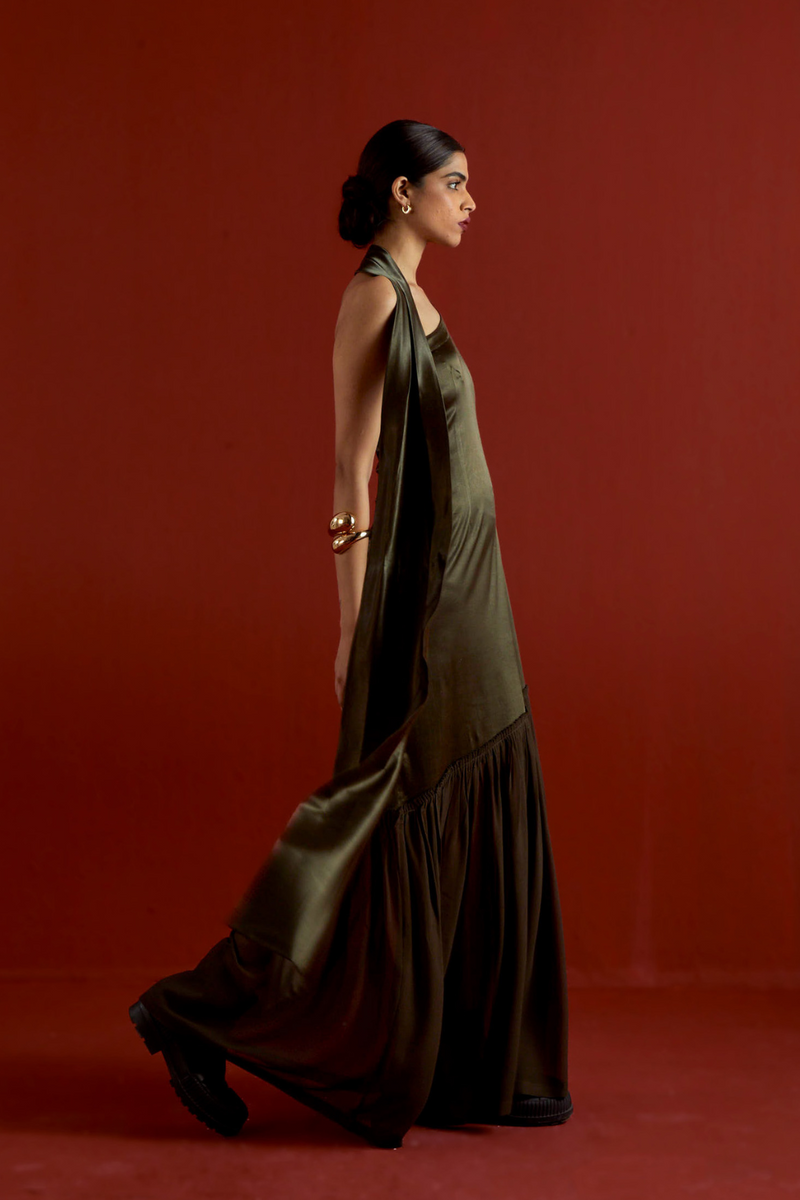 ONE SHOULDER DRESS-DARK OLIVE satin by THREE in olive color for women Worldwide