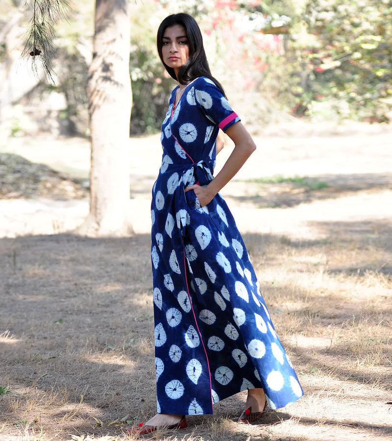 Indigo Rush Shibori Gown Dress by Khara Kapas for women Worldwide