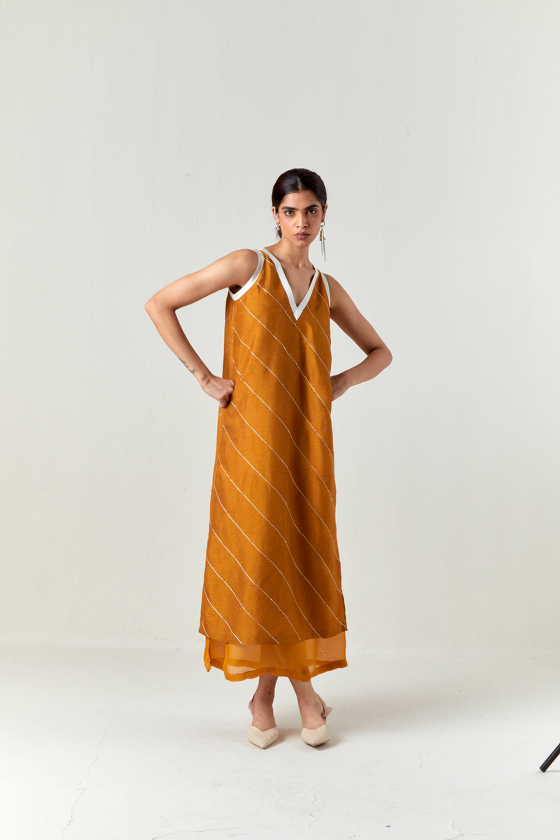 V-NECK EMBELLISHMENT DETAIL DRESS-OCHRE silk by THREE for women Worldwide