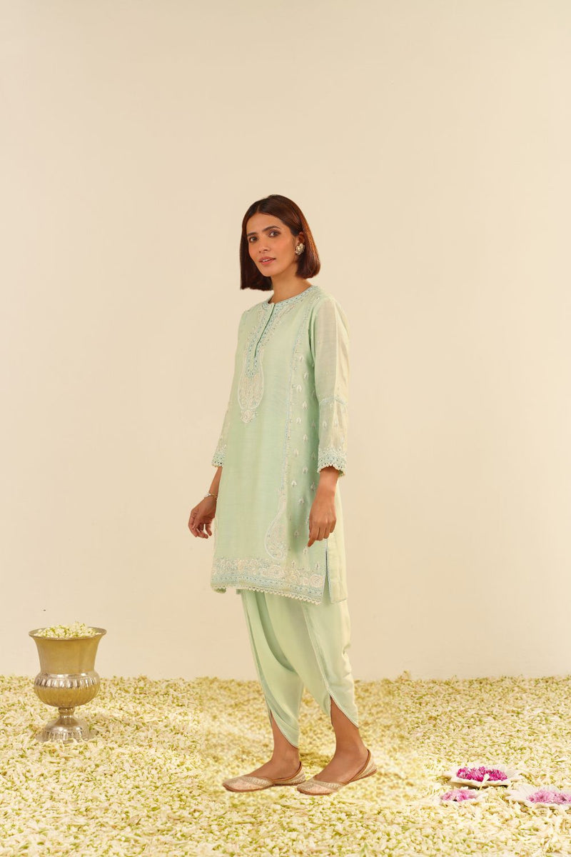 Zahra - Short Kurta With Dhoti-Mint Green silk by SHEETAL BATRA in mint color for women Worldwide