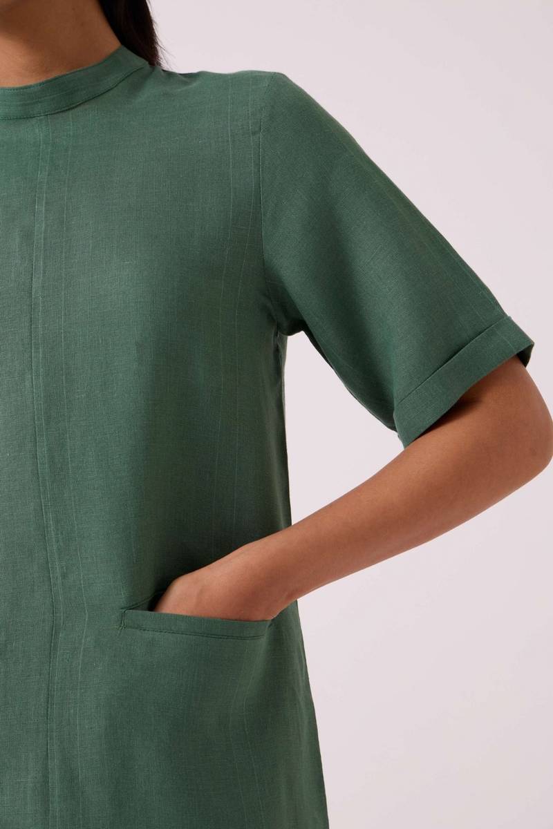 Tula Green Linen Shift Dress by The Summer House in green color for women Worldwide