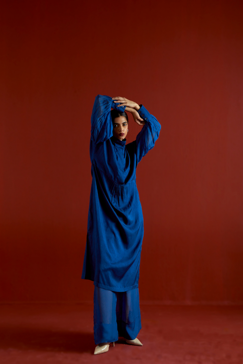 TURTLE NECK TUNIC CO-ORD-ELECTRIC BLUE silk by THREE in blue color for women Worldwide