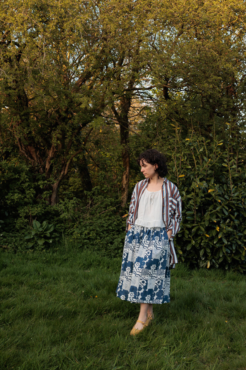 Oxford Skirt-Floral Blue handwoven cotton skirt by World of Crow in multicolor for women Worldwide