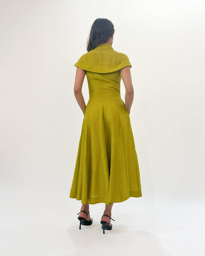 Sophie Cape dress linen by Leh Studios in green color for women Worldwide