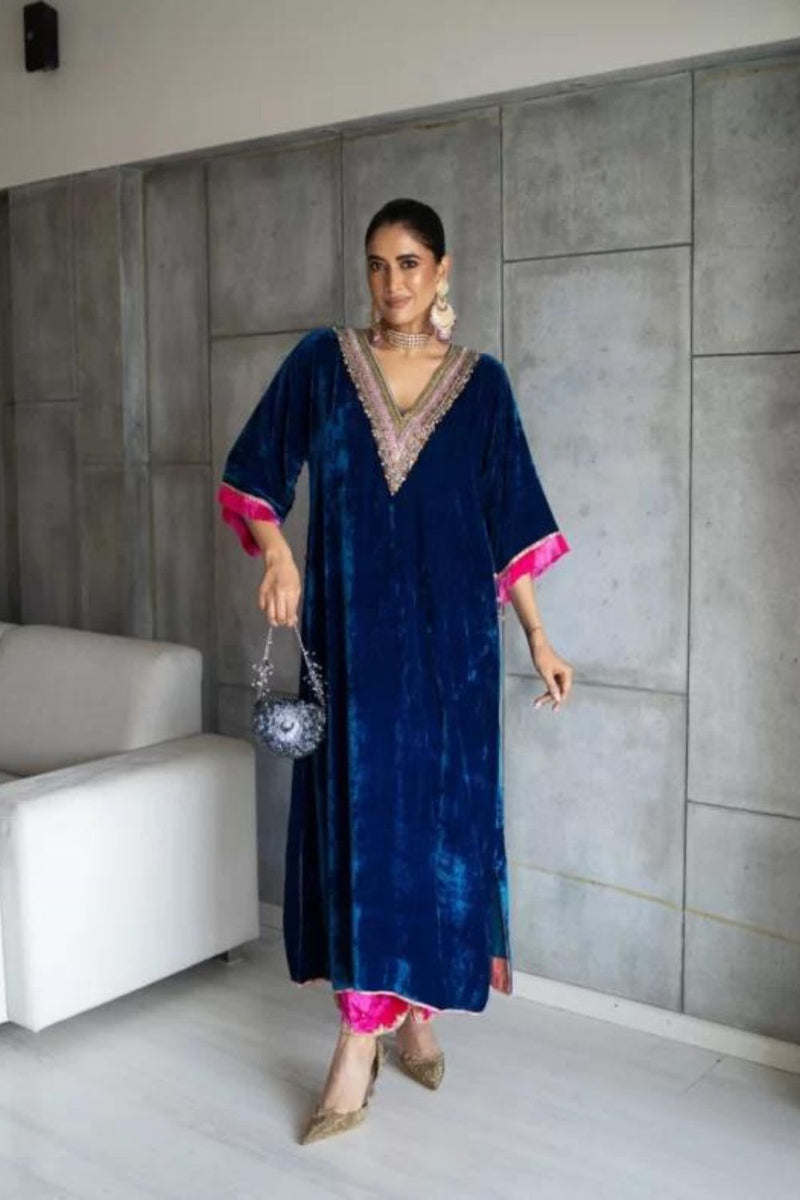 Nadira Blue Velvet Kaftan Kurta Set by Rajiramniq for women Worldwide