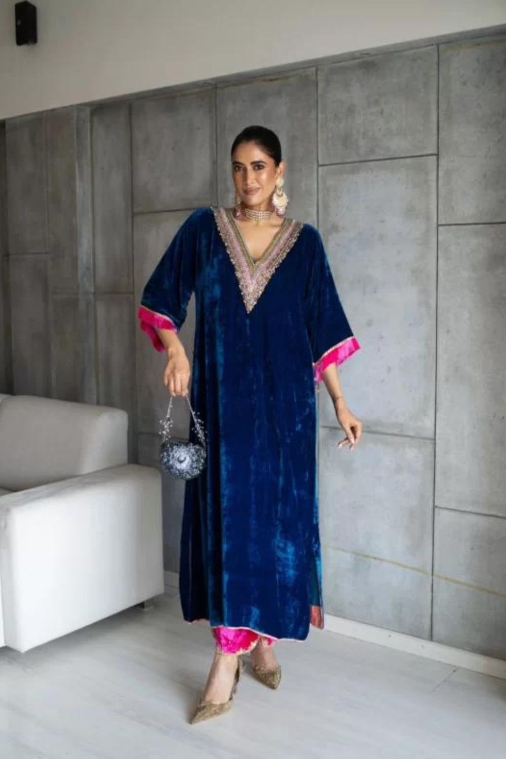 Nadira Blue Velvet Kaftan Kurta Set