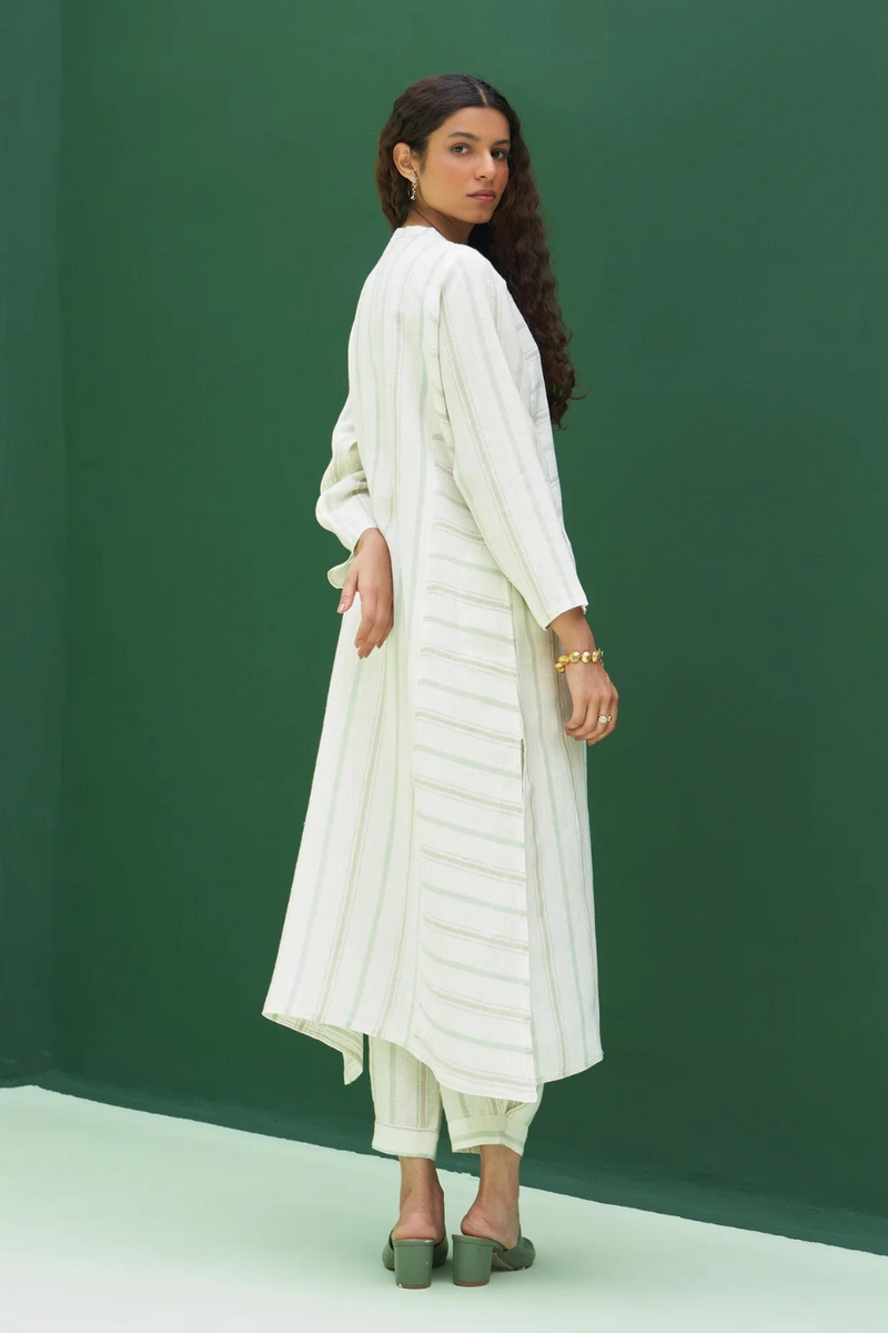 Ezra Striped Linen Kurta - Mint linen by Manan in mint color for women Worldwide