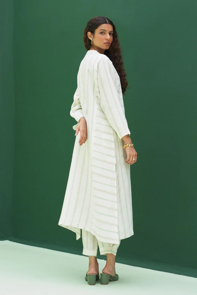 Ezra Striped Linen Kurta - Mint