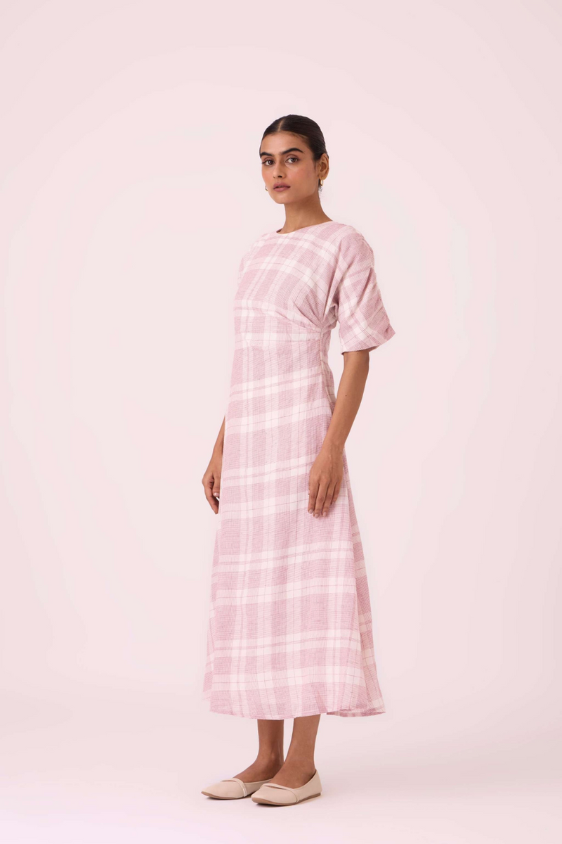 Pine Checkered Handwoven Dress cotton by The Summer House in white color for women Worldwide