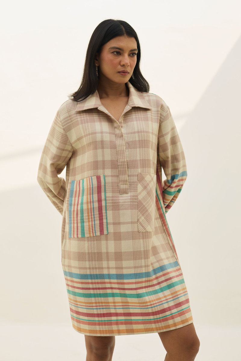 Eden Patch Pocket Dress - Beige all linen by Manan in beige color for women Worldwide