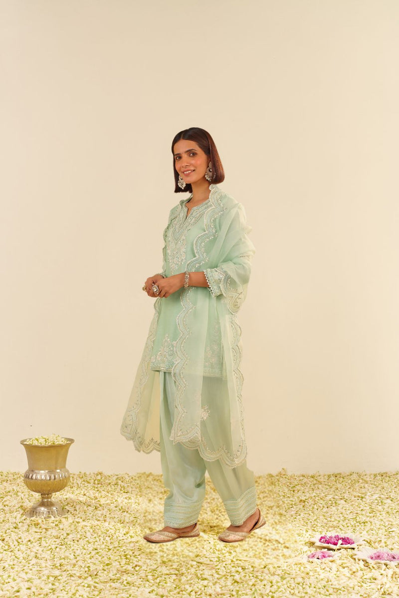 Haniya - Short Kurta With Salwar And Dupatta-Mint Green silk by SHEETAL BATRA in mint color for women Worldwide