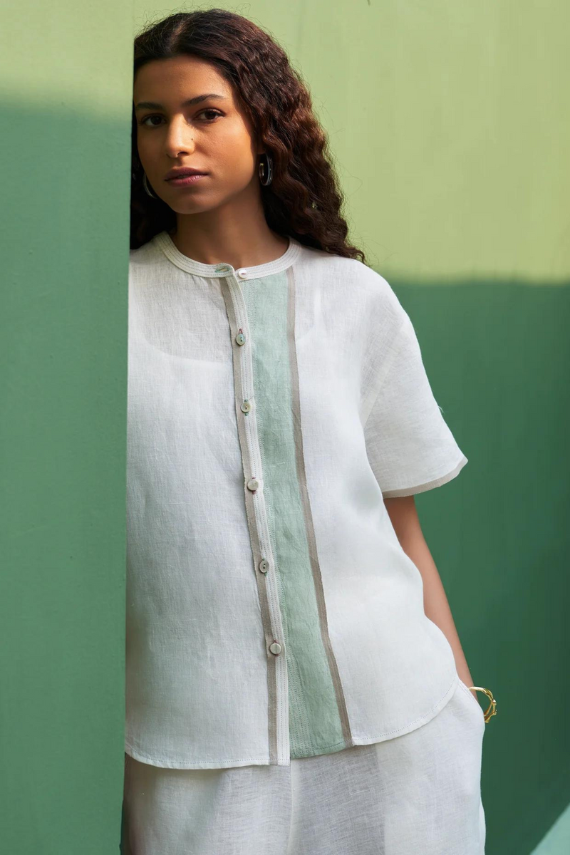 Kol Border Linen Crop Shirt - Ivory linen by Manan in ivory color for women Worldwide