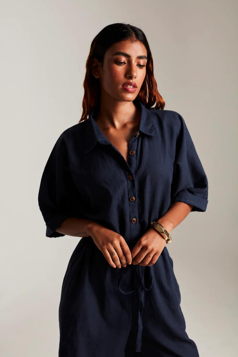 Navy Co-Linen Boilersuit cotton by Saphed in navy color for women Worldwide