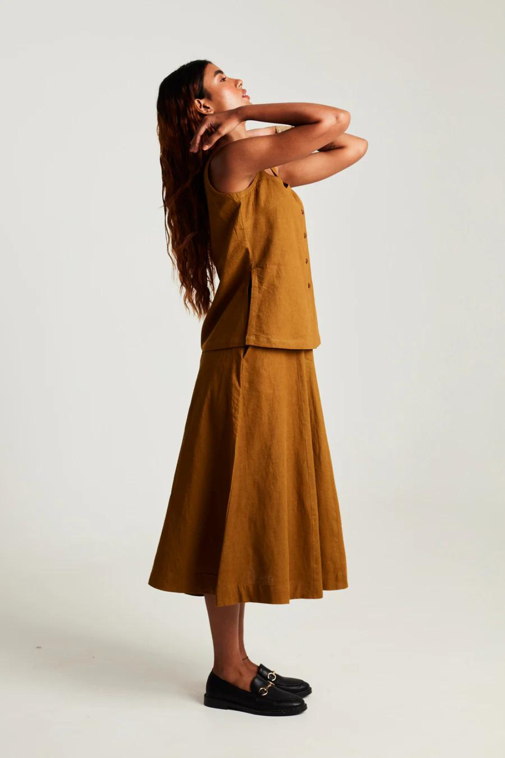 Olive Co-Linen Side Slit Top & Skirt Set