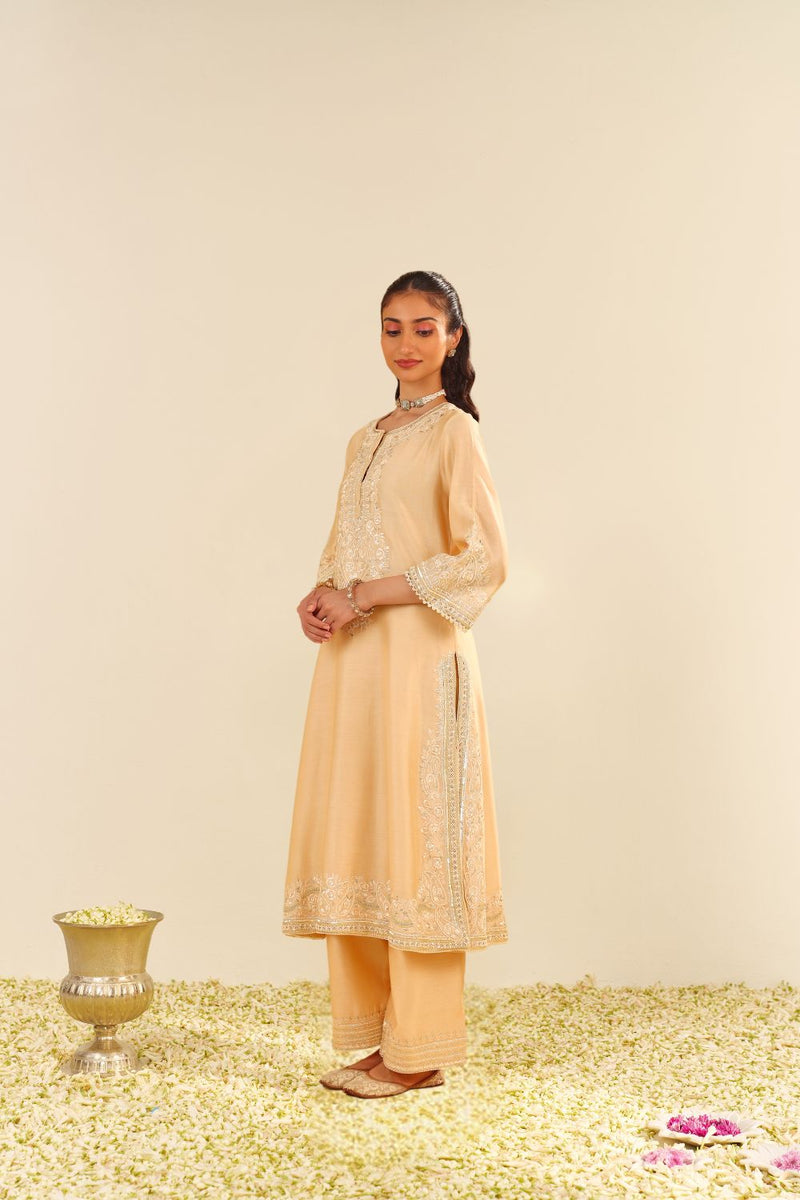 Sereen - A-Line Kurta With Palazzo And Dupatta-Beige silk by SHEETAL BATRA in beige color for women Worldwide