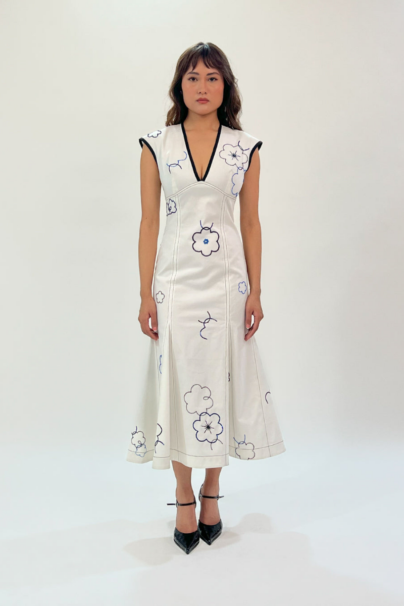 Peony embellished dress 100% cotton by Leh Studios in white color for women Worldwide