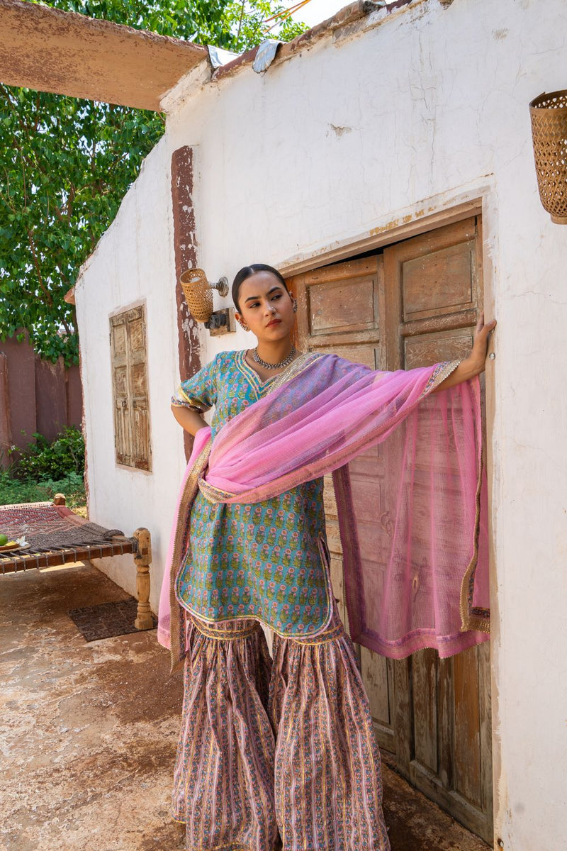 Saundh Sea green and pink hand block printed gota sharara set cotton by Maison Shefali in multi color for women Worldwide