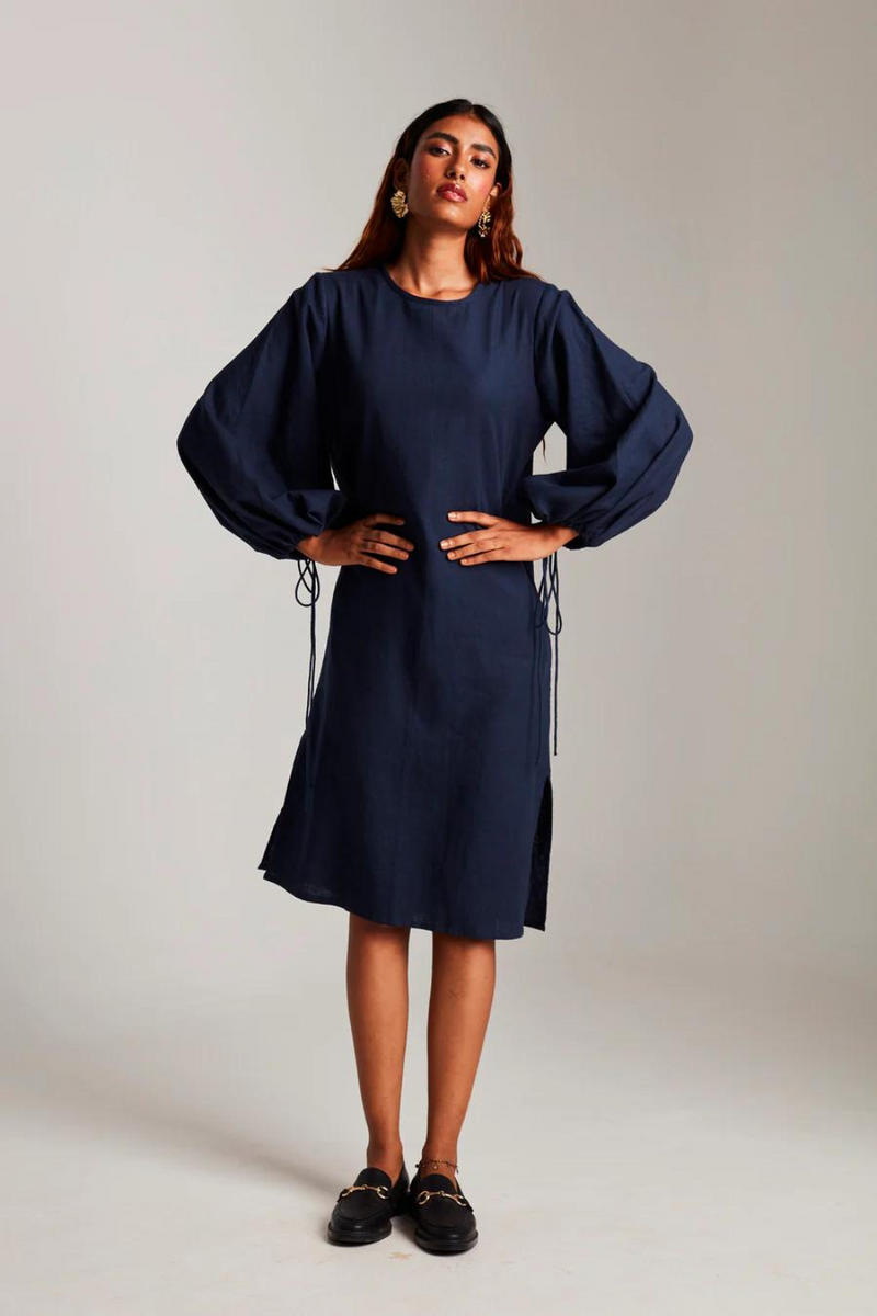 Navy Co-Linen Balloon Sleeves Dress cotton by Saphed in navy color for women Worldwide