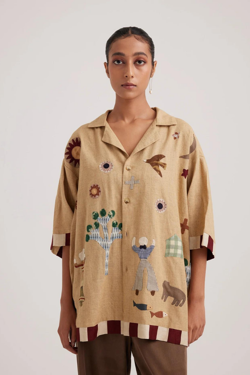 Unisex Oversized Shirt-Folk Applique-Beige by CORD for women Worldwide