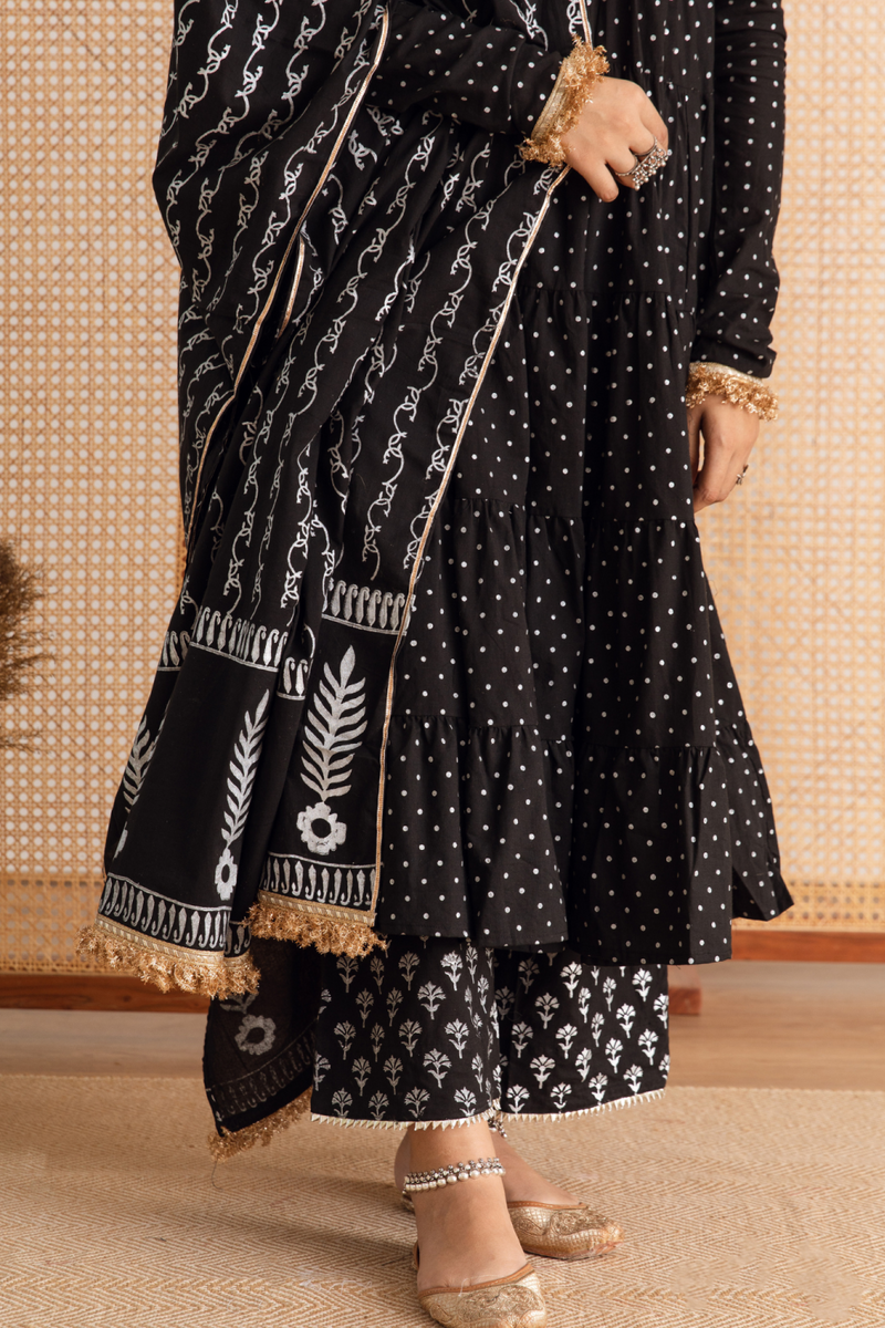 Raat Rani Set - black hand printed cotton kalidar suit set cotton by Maison Shefali in black color for women Worldwide