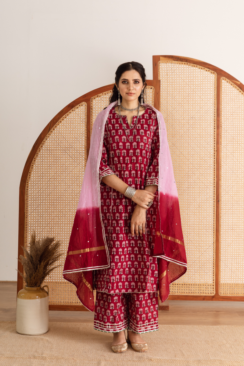 Gulaab gainda Kurta set- red hand block printed cotton kurta set cotton by Maison Shefali in red color for women Worldwide