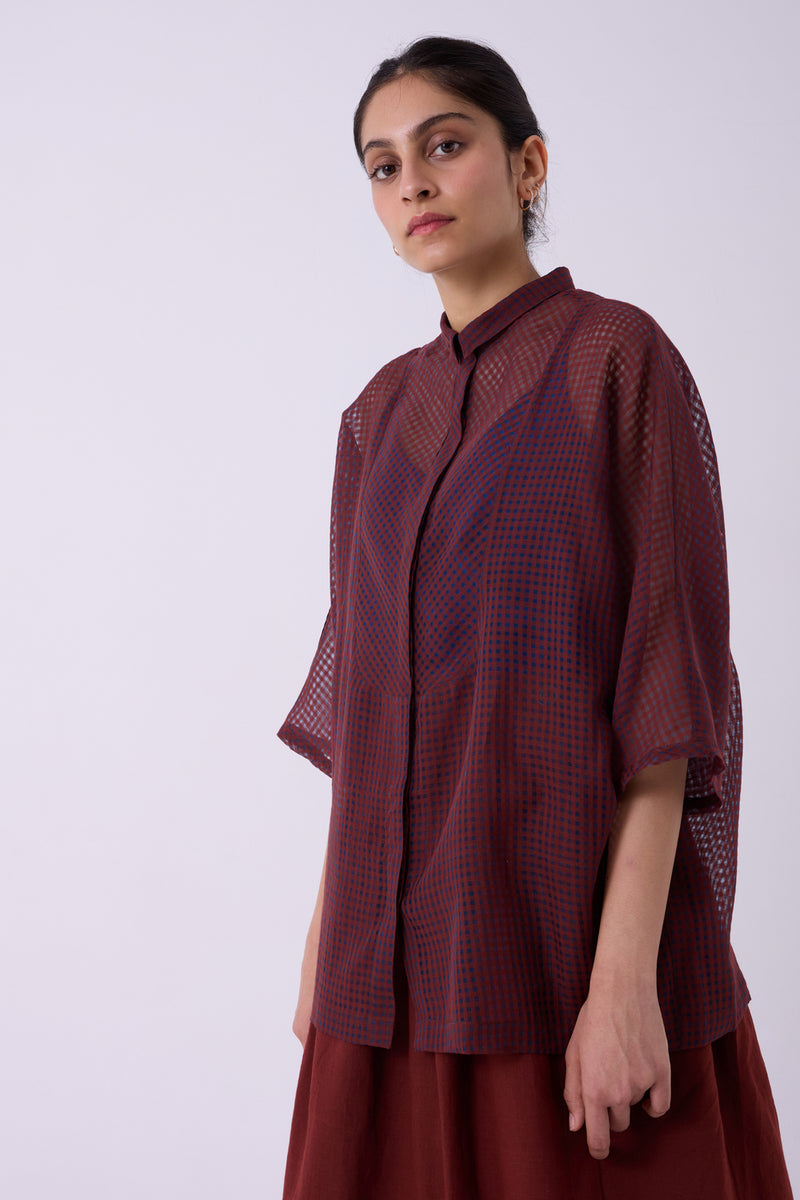 Zuri Blue Checkered HandwovenTop handwoven silk cotton top/shirt by The Summer House in blue for women Worldwide