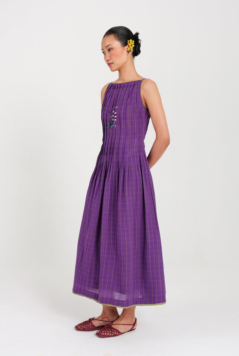 Drift Handloom Pleated Dress handwoven cotton dress by JodiLife in purple for women Worldwide