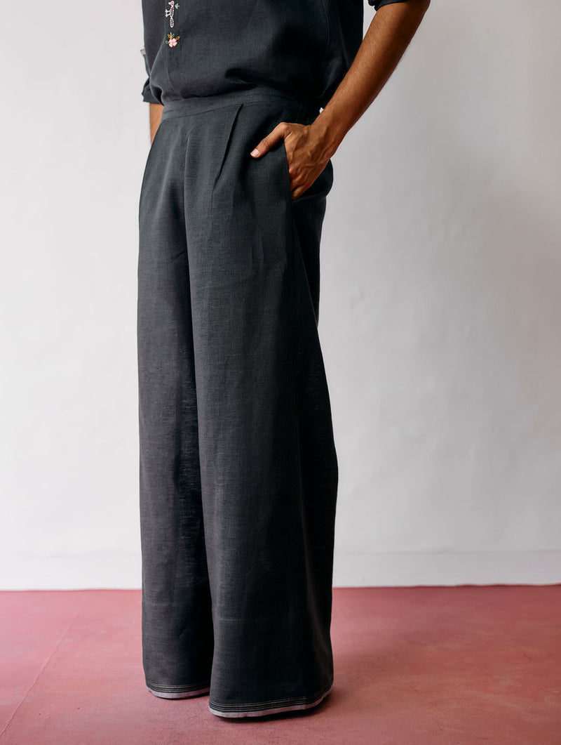 Rin Linen Pants-Charcoal linen pant/trouser by Manan Men in charcoal for men Worldwide