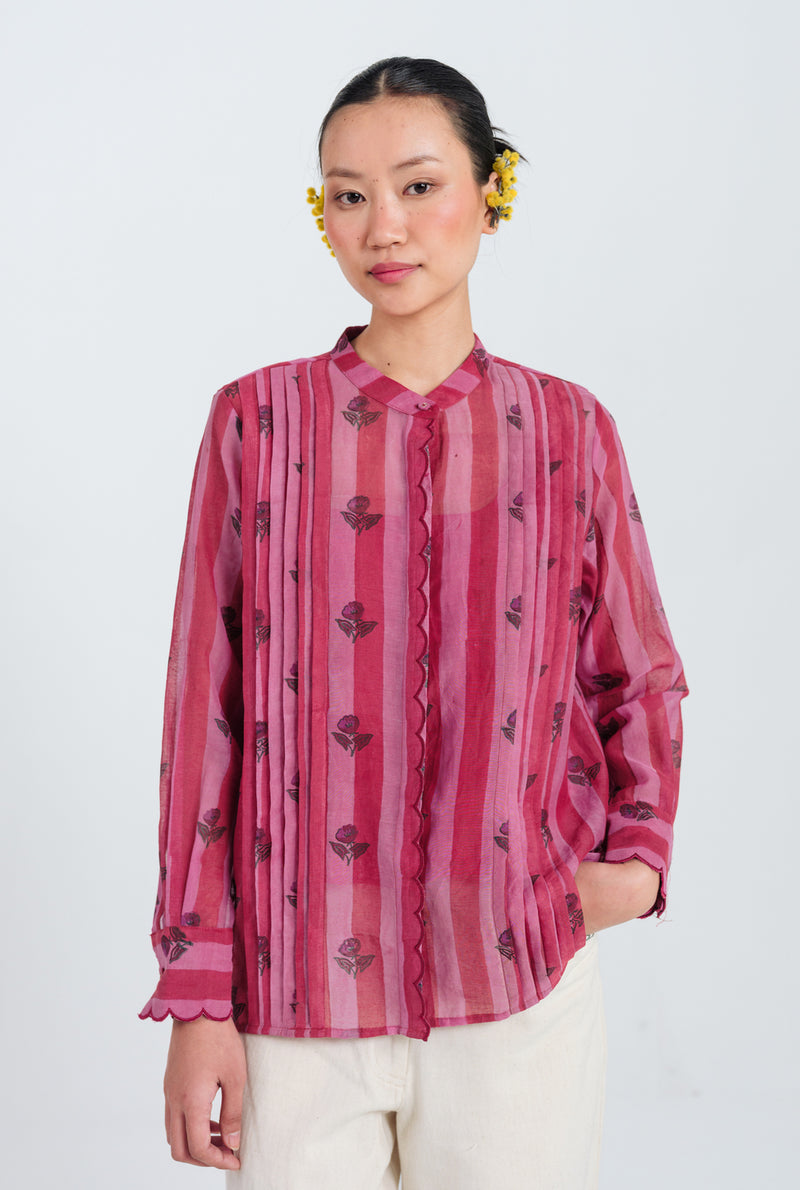 Spring Scallop Shirt mul chanderi top/shirt by JodiLife in red, pink for women Worldwide