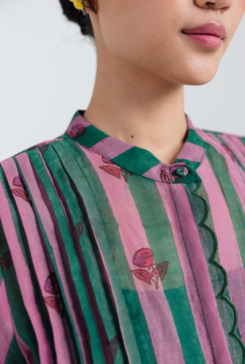Twirl Scallop Shirt mul chanderi top/shirt by JodiLife in pink, green for women Worldwide