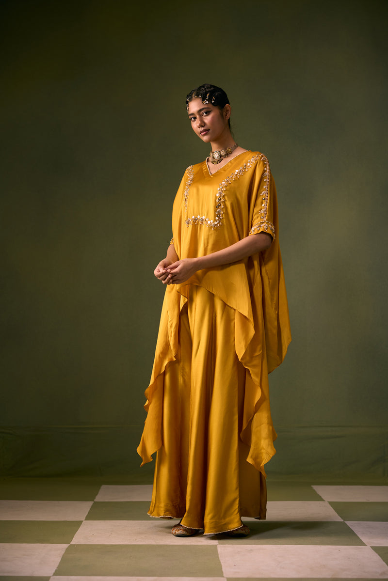 Cove Antifit Asymmetric Top with Flared Pants vegan satin, organza satin indo-western by PRAHNAAYA in musturd yellow for women Worldwide