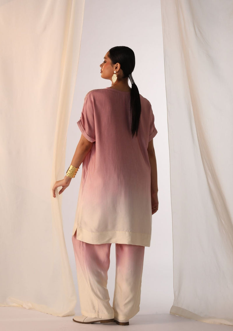Linen satin ombre co-ord set with handwork embroidery satin by Myoho in pink color for women Worldwide
