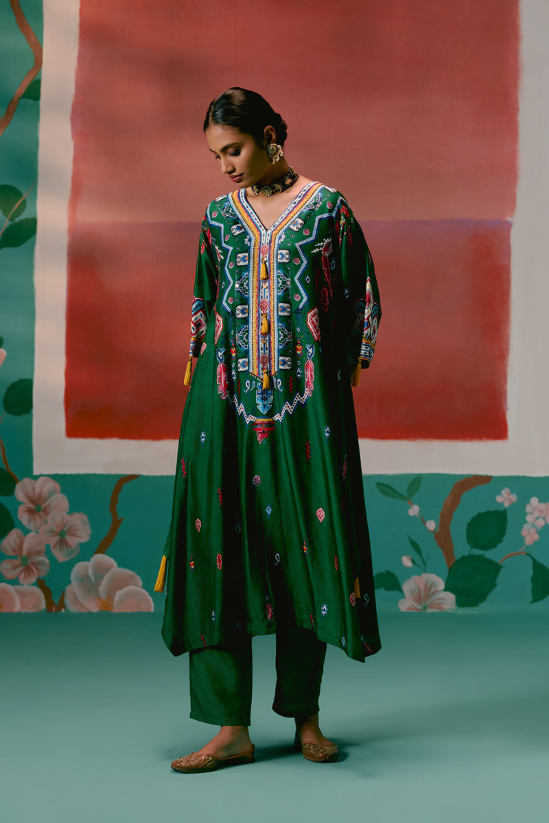 Emerald Aztec Kaftan Set by Label Mogra in green color for women Worldwide
