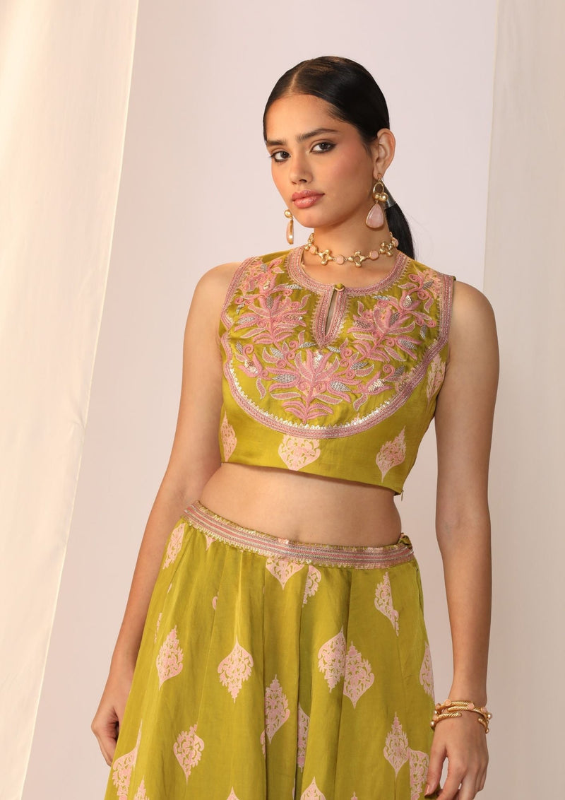 Block printed satin lehenga choli with duppata satin by Myoho in green color for women Worldwide