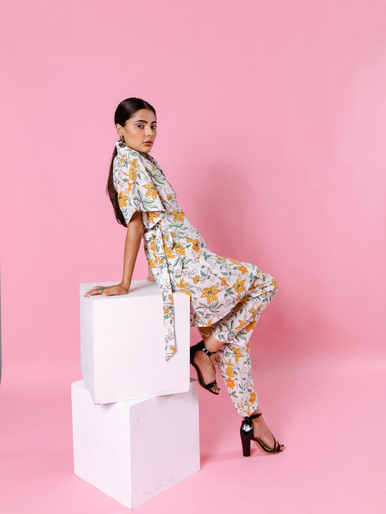 Yellow Dahlia Kimono Co-Ord Co-ord Set by Marche in white color for women Worldwide