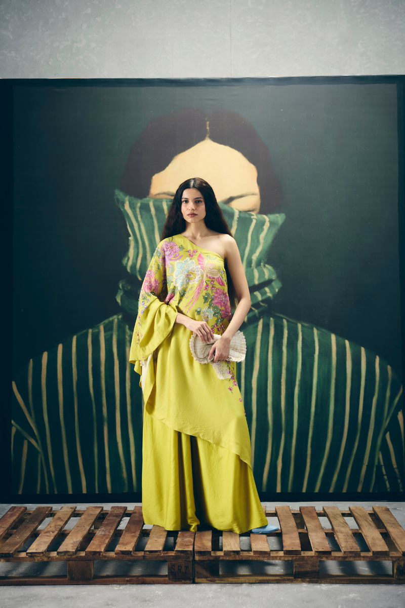 NATSU CO-ORD SET- YELLOW silk by Paulmi & Harsh in yellow color for women Worldwide