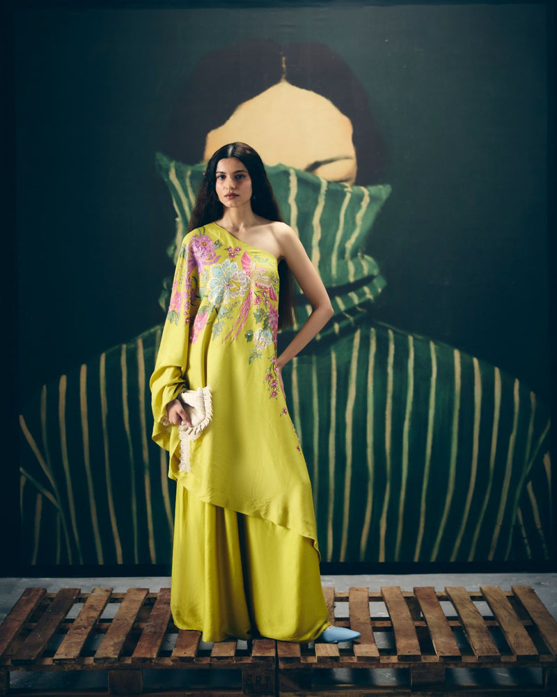 NATSU CO-ORD SET- YELLOW silk by Paulmi & Harsh in yellow color for women Worldwide