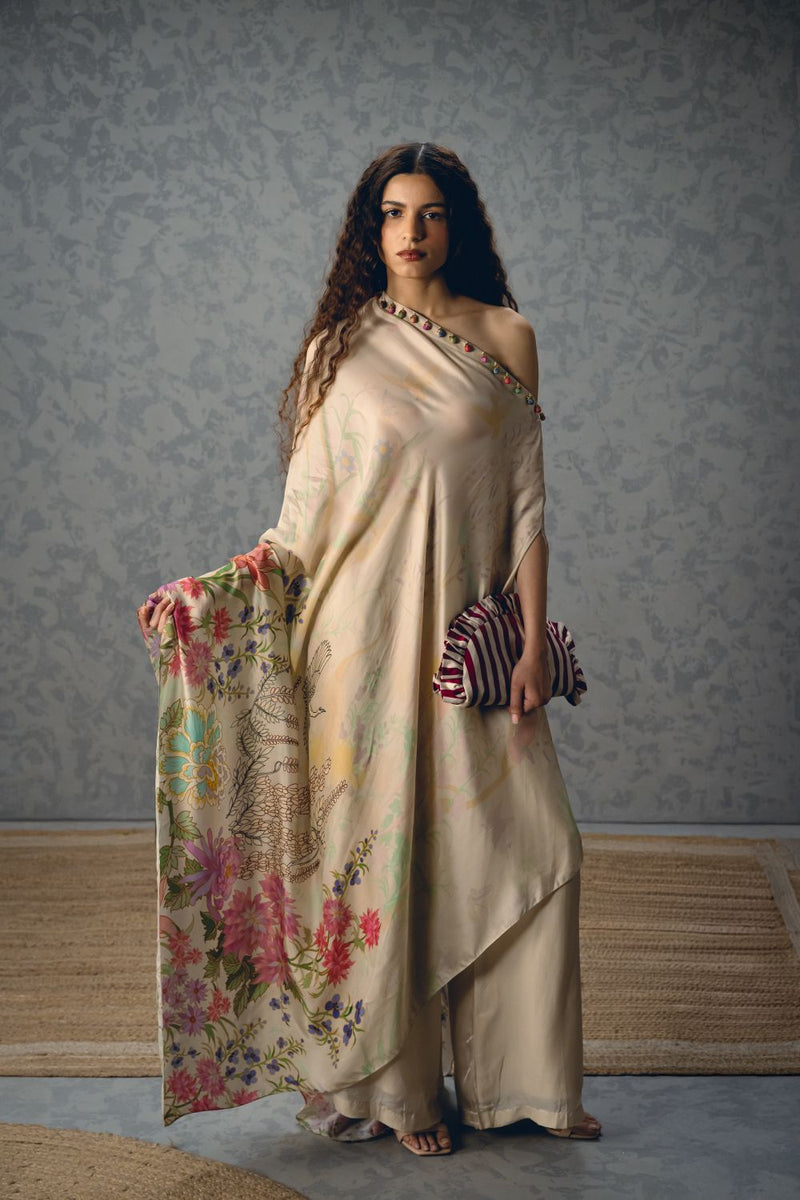 NATSU CO-ORD SET- IVORY satin by Paulmi & Harsh in ivory color for women Worldwide