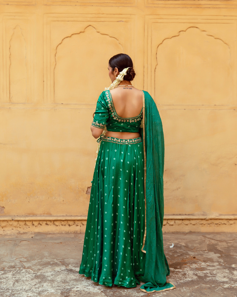 Green & White Bandhej Print Lehenga Set satin by Maison Shefali in multi color for women Worldwide