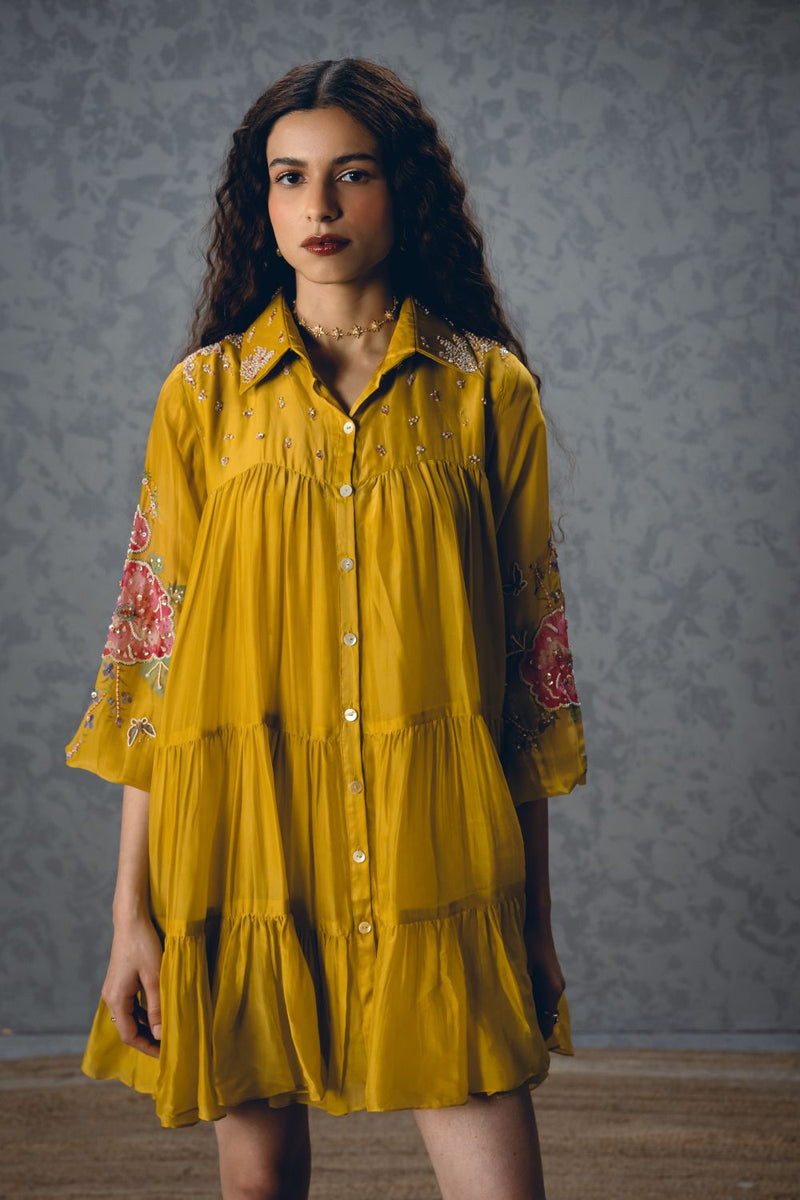 LANA DRESS – YELLOW silk organza dress by Paulmi & Harsh in mustard yellow for women Worldwide