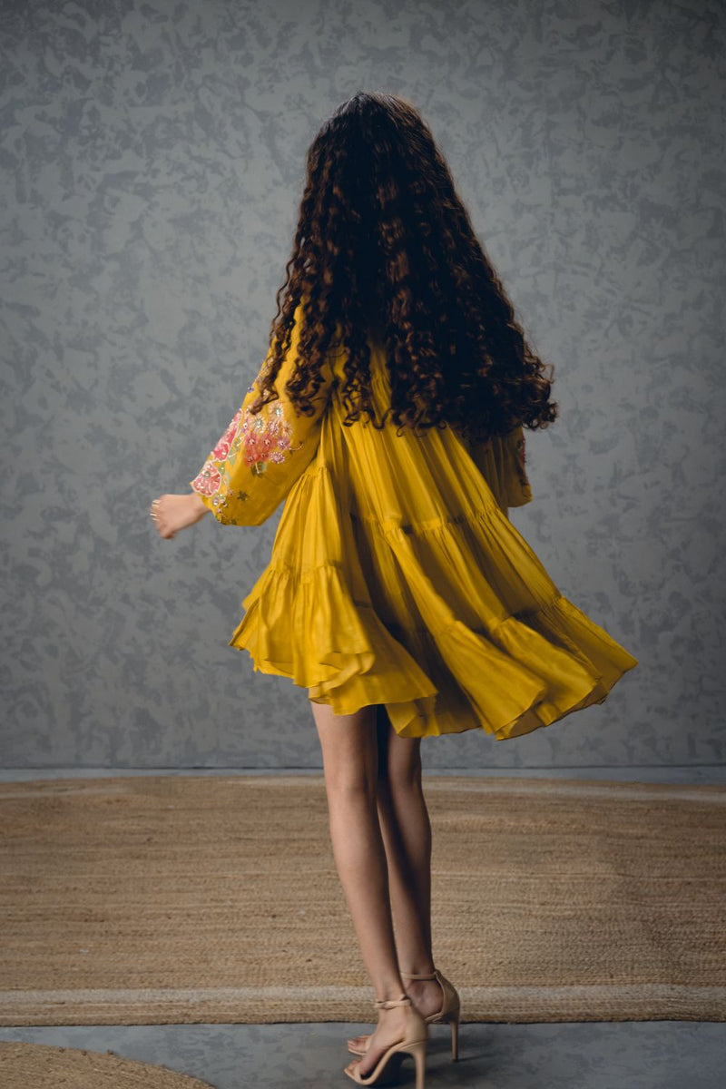 LANA DRESS – YELLOW silk organza dress by Paulmi & Harsh in mustard yellow for women Worldwide