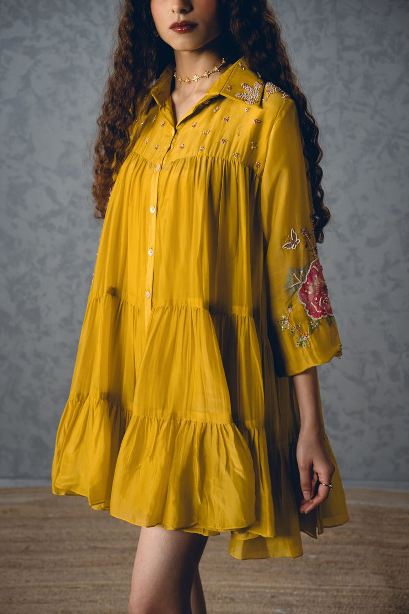 LANA DRESS – YELLOW silk organza dress by Paulmi & Harsh in mustard yellow for women Worldwide