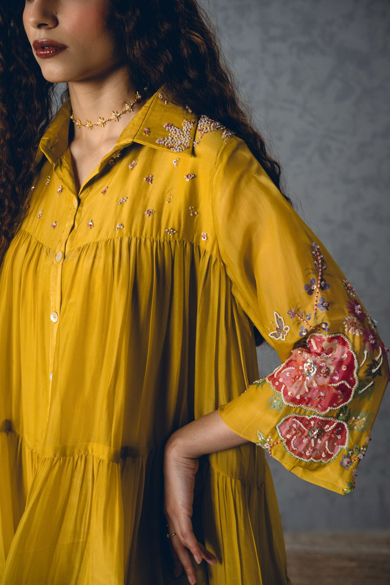 LANA DRESS – YELLOW silk organza dress by Paulmi & Harsh in mustard yellow for women Worldwide