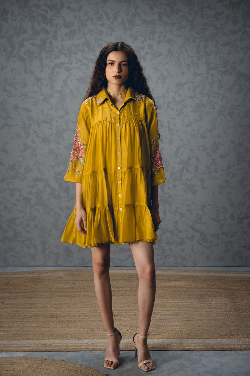 LANA DRESS – YELLOW silk organza dress by Paulmi & Harsh in mustard yellow for women Worldwide