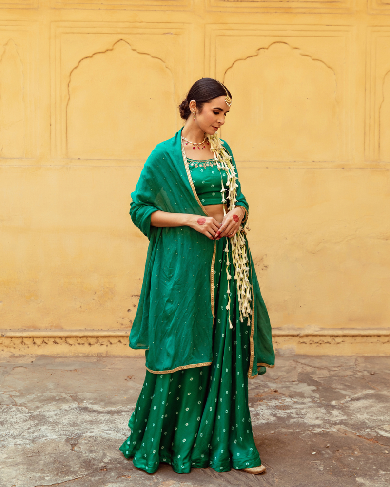 Green & White Bandhej Print Lehenga Set satin by Maison Shefali in multi color for women Worldwide