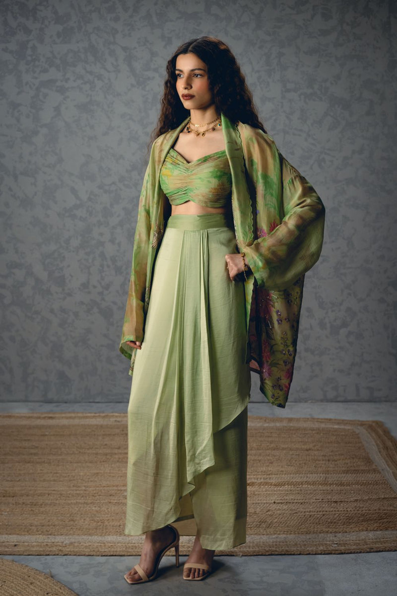 CLEO SKIRT SET organza by Paulmi & Harsh in green color for women Worldwide