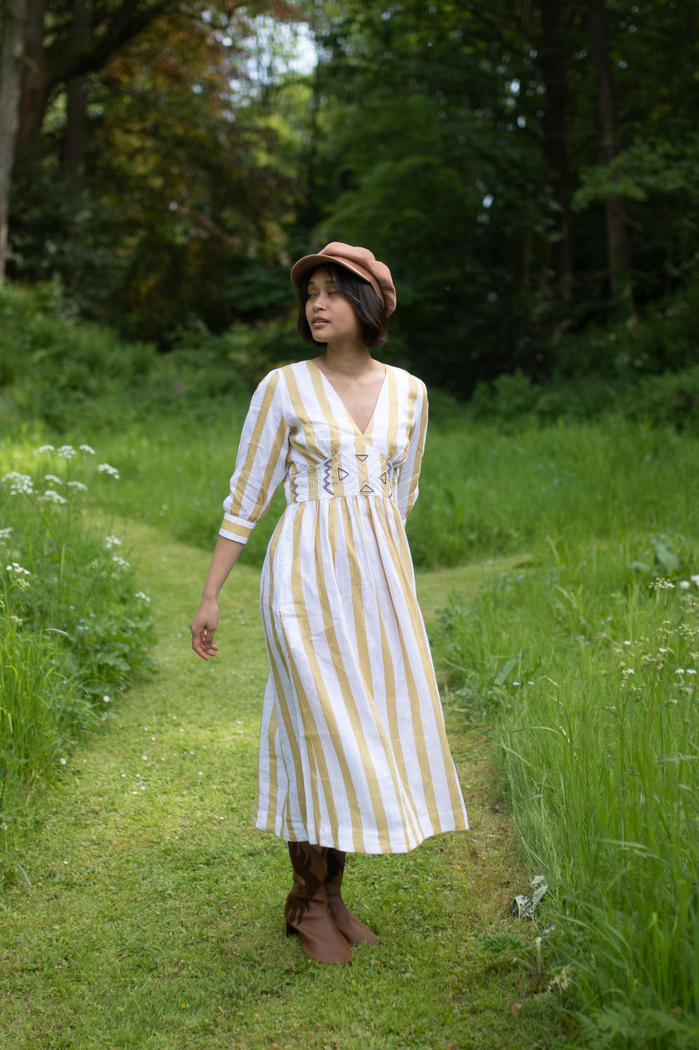 Tribal Dress - Embroidered-Yellow Stripes