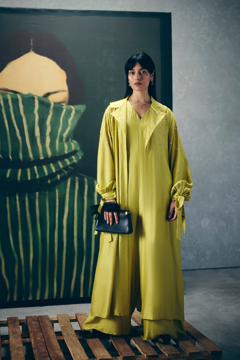 KIRA JUMPSUIT SET silk by Paulmi & Harsh in yellow color for women Worldwide